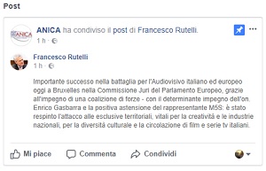 ANICA - Rutelli su voto Commissione Parlamento Europeo su esclusivit territoriale delle opere audiovisive